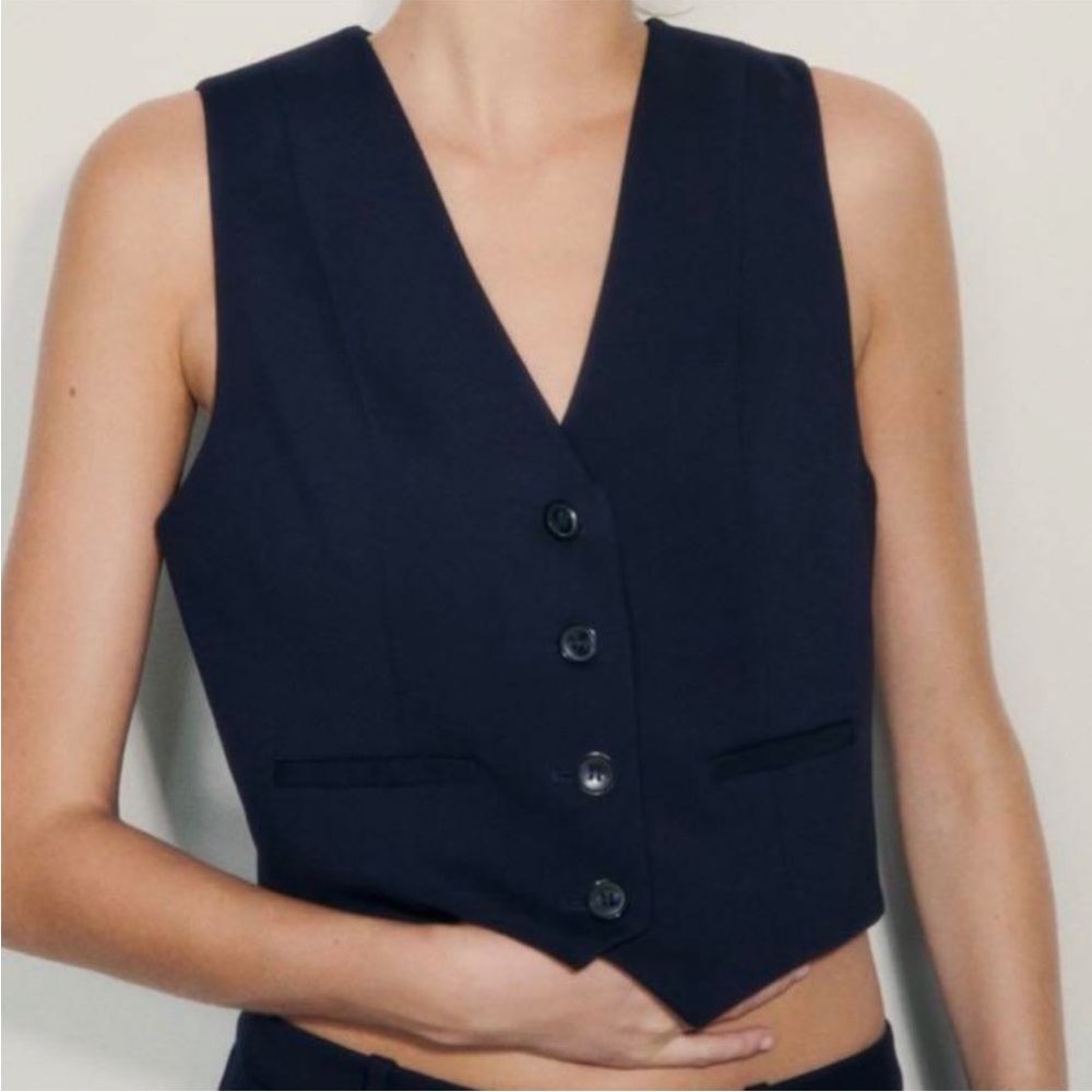 New ZARA SHORT TAILORED WAISTCOAT VEST Size M NAVY BLUE REF. 7102/337